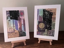 2 Original Art Mixed Media Collages “ Sun and Moon” 5x7. On Paper.