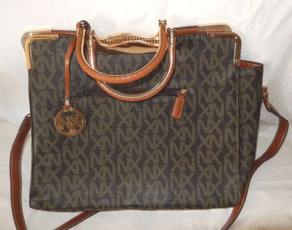 NX Monogram Logo Woman's Massinger purse Brown pebbled Large Shoulder bag