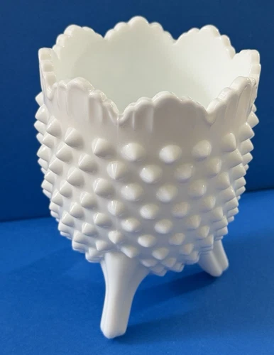 Vintage Fenton Milk Glass Hobnail 3 Foot Scalloped Rim Egg Shaped Bowl