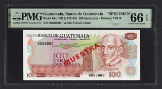 Guatemala 100 Quetzales ND(1972 83) P64s "Specimen" Uncirculated Grade 66