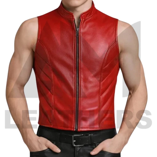 Mens Red Leather Biker Vest Punk Waistcoat Motorcycle  Custom Made video thumbnail