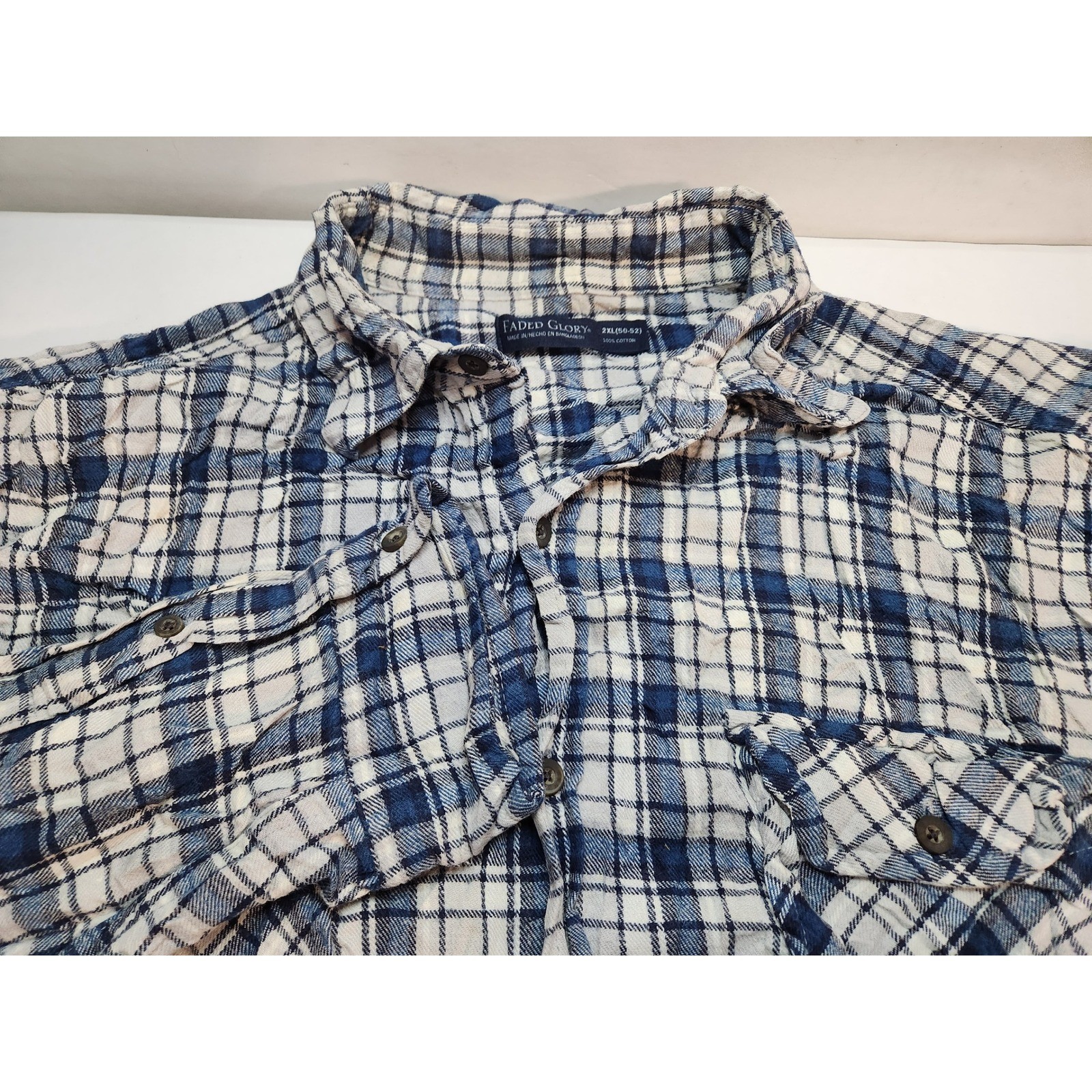Faded Glory Mens Blue Plaid Flannel Long Sleeve Button Up Shirt 2XL