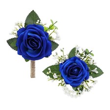 2Pcs Royal Blue Rose Corsage and Men Boutonniere Set, Wrist Band Bracelets, f...