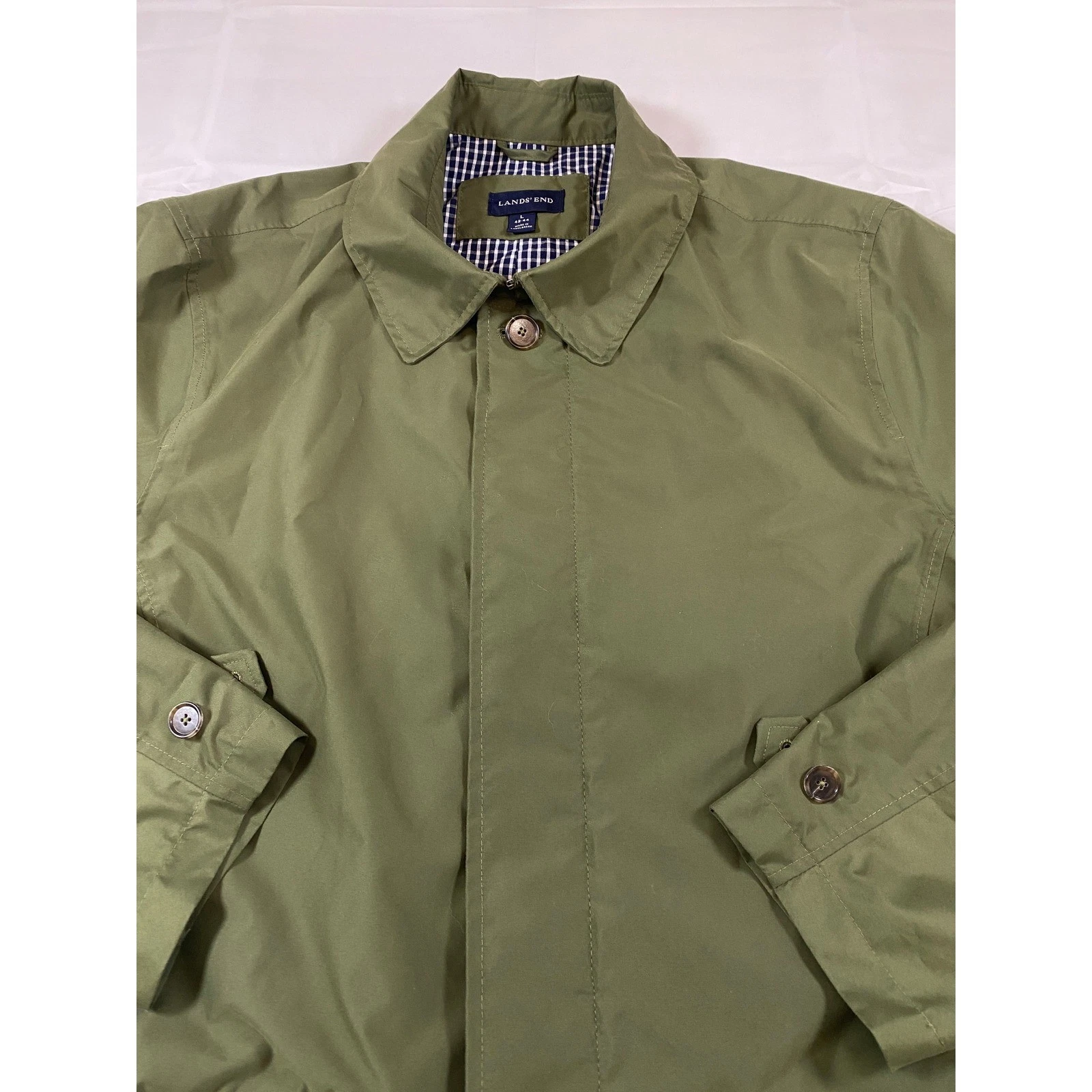 Lands End Mens Olive Green Car Coat Gingham Lined Mac Jacket Size L 42-44