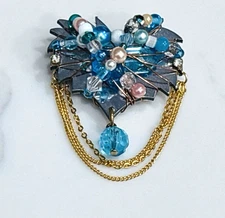 Liztech Brooch Heart Beads Dangle Blue Pink Gold Tone Chains 1992 Signed Pin