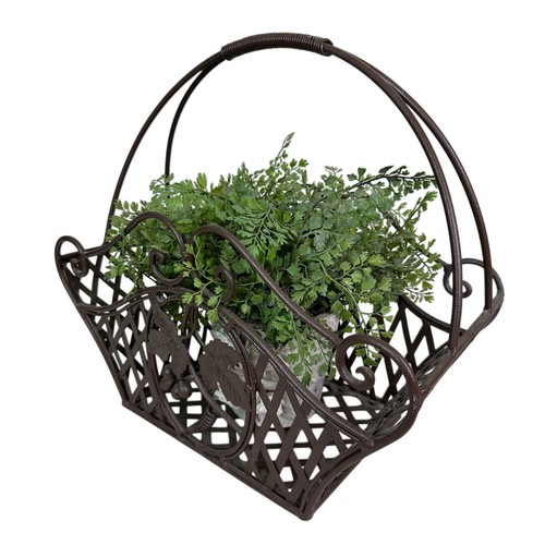 Cast Iron Decorative Basket Plant Holder Lattice Scroll Handle Rustic Planter