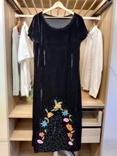 VINTAGE DRESS BLACK FITS UK 18-20 BEADED VELOUR VELVET SHORT SLEEVE MAXI PARTY