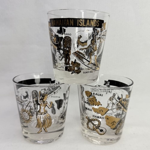 Vintage Gold Foil Hawaii Glasses Whiskey Bar MCM Set of 3 - Hawaiian Islands