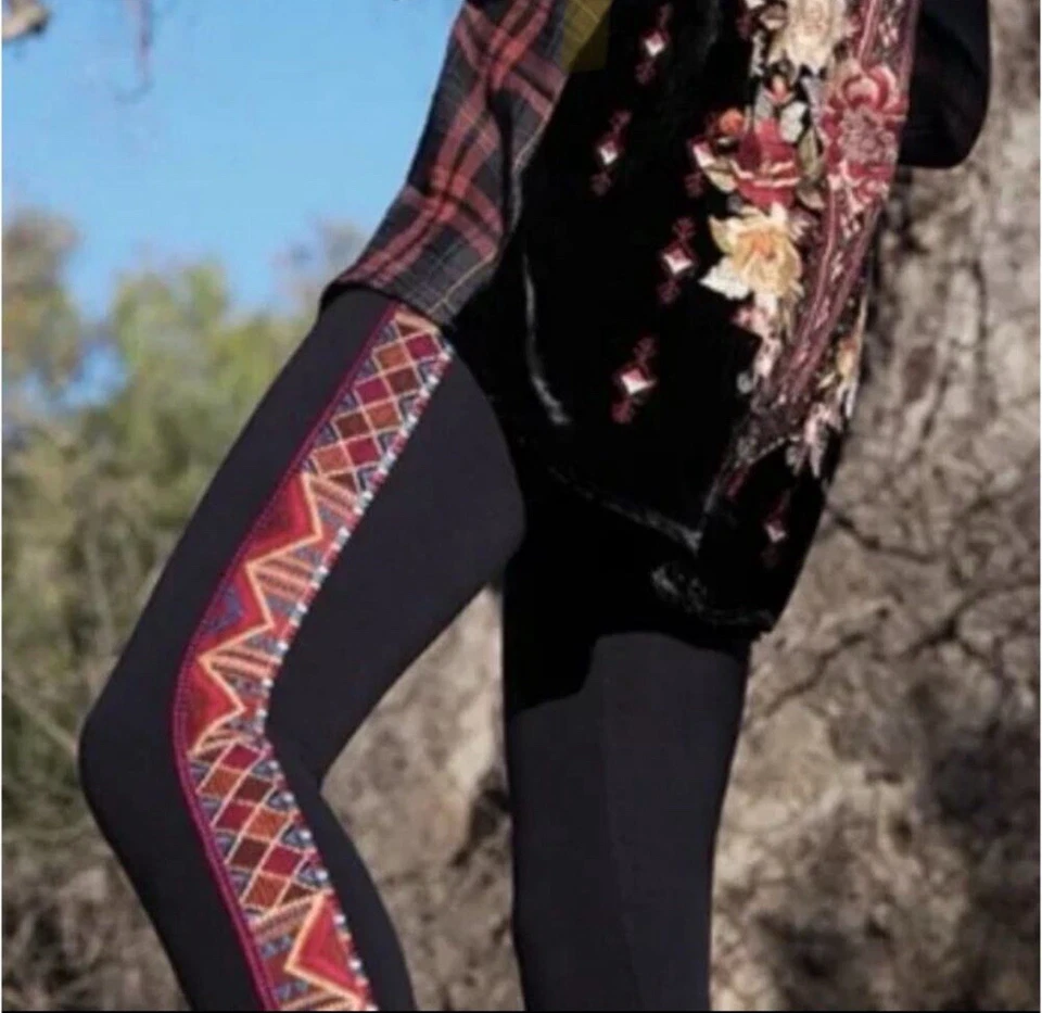 Johnny Was Embroidered Marjan Legging Small S Black Red Pink Side Panel Pants - Image 2 of 4