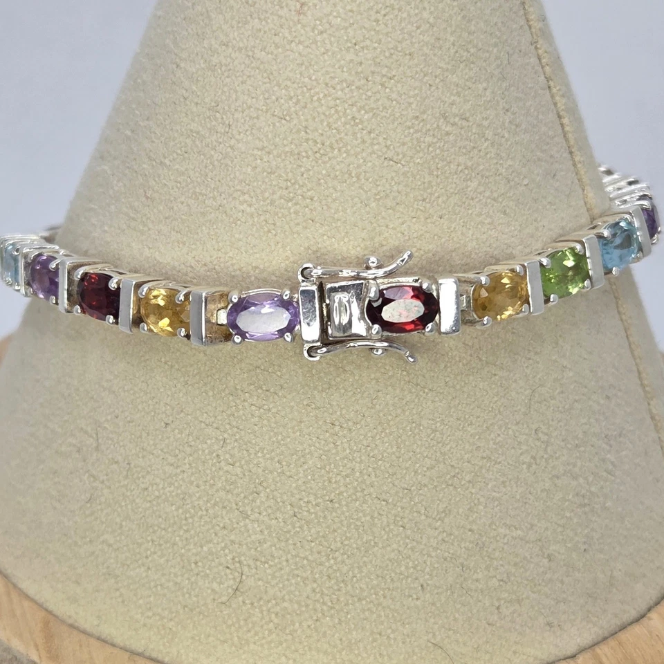 Sterling Silver Multi Gemstone Bracelet Rainbow Colorful Tennis Style 17g 7.5" - Image 3 of 4
