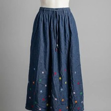 Vintage Floral Embroidered Denim Pleated Skirt - Size 31
