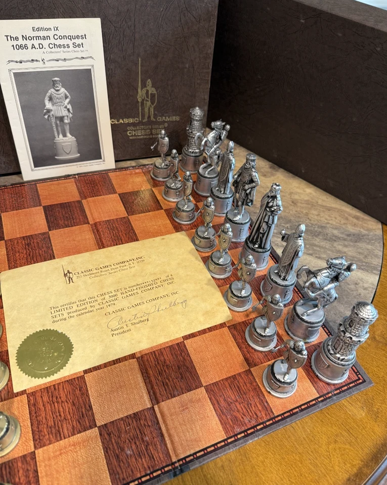 Vintage 1979 CLASSIC GAMES Norman Conquest CHESS SET Gold & Silver w Inscription - Image 3 of 4