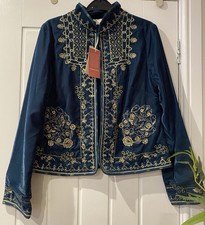 Monsoon Gold Embroidered Bead Embellished Teal Velvet Jacket Size 12 BNWT