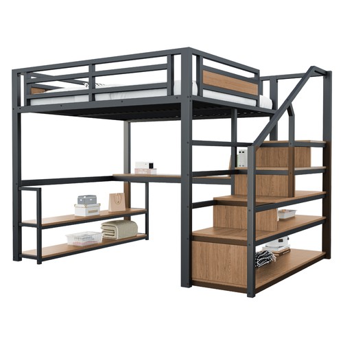 Eisenbett Kinderbett 140*200cm Metall-Hochbett mit Regalen Tisch Schwarz - Bild 3 von 11