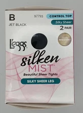 Leggs Silken Mist Silky Sheer 2 Pair B Jet Black Medium Support Leg Pantyhose  