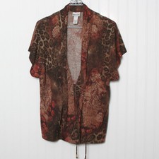 Chico's 2 Brown Leopard Cap Sleeve Tie Ruched Back Tunic Poly Cardigan Vest L