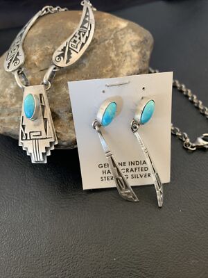Blue Kingman Turquoise Hopi Sterling Silver Necklace & Earrings 2101