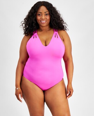Becca Women One-Piece Swimsuit 0X Pink Strappy CrissCross Back Removable Cup New