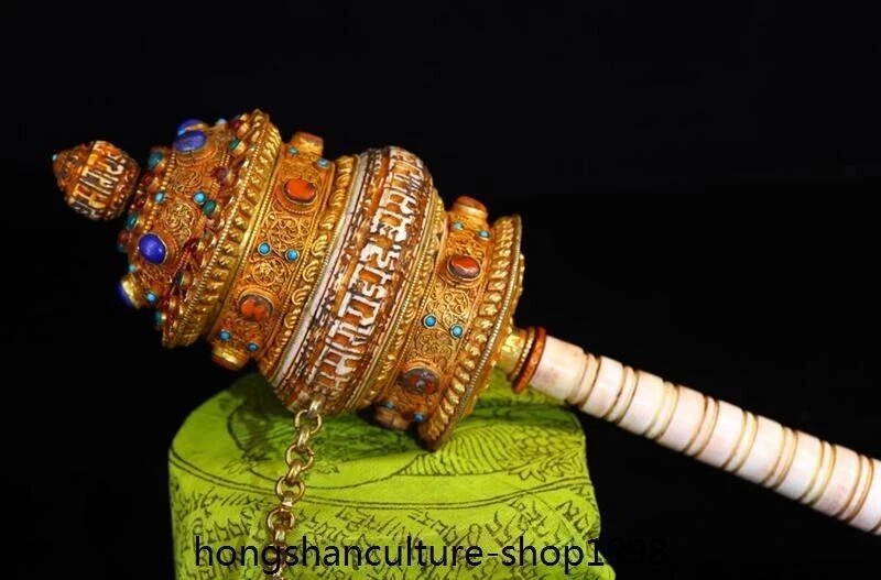 13" bronce plata incrustación gema oro instrumentos budistas exorcismo urdimbre rueda de oración Foto 4 de 4