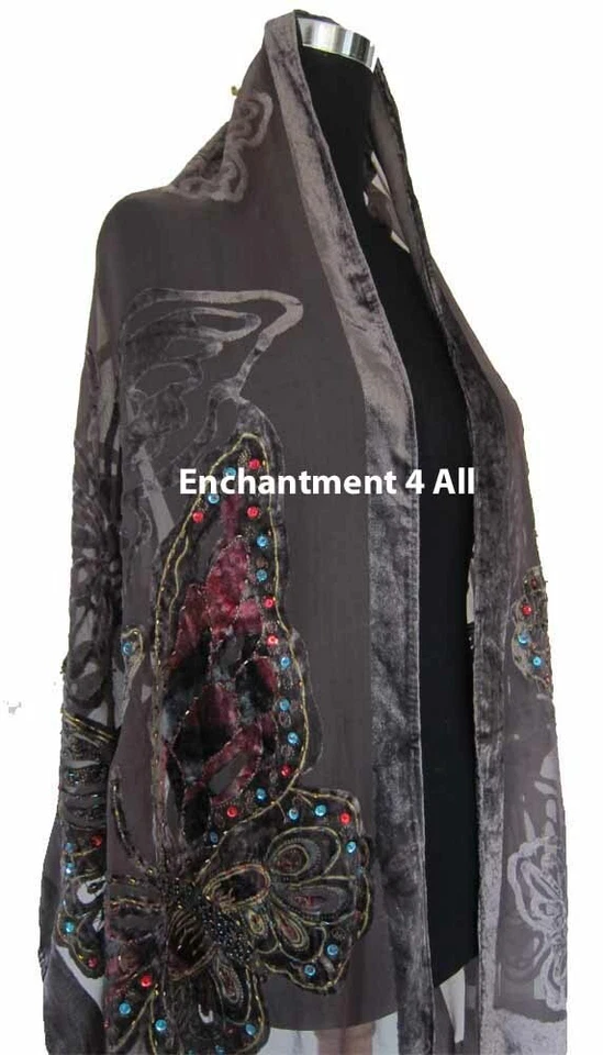 Mantón bufanda de terciopelo 100 % seda mariposa con cuentas hecho a mano, gris Foto 2 de 4