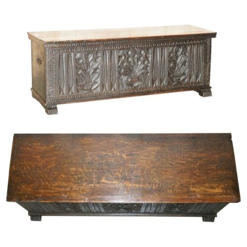 ANTIQUE 19TH CENTURY JACOBEAN REVIVAL HAND CARVED TRUNK CHEST OTTOMAN - 第 1/24 張圖片