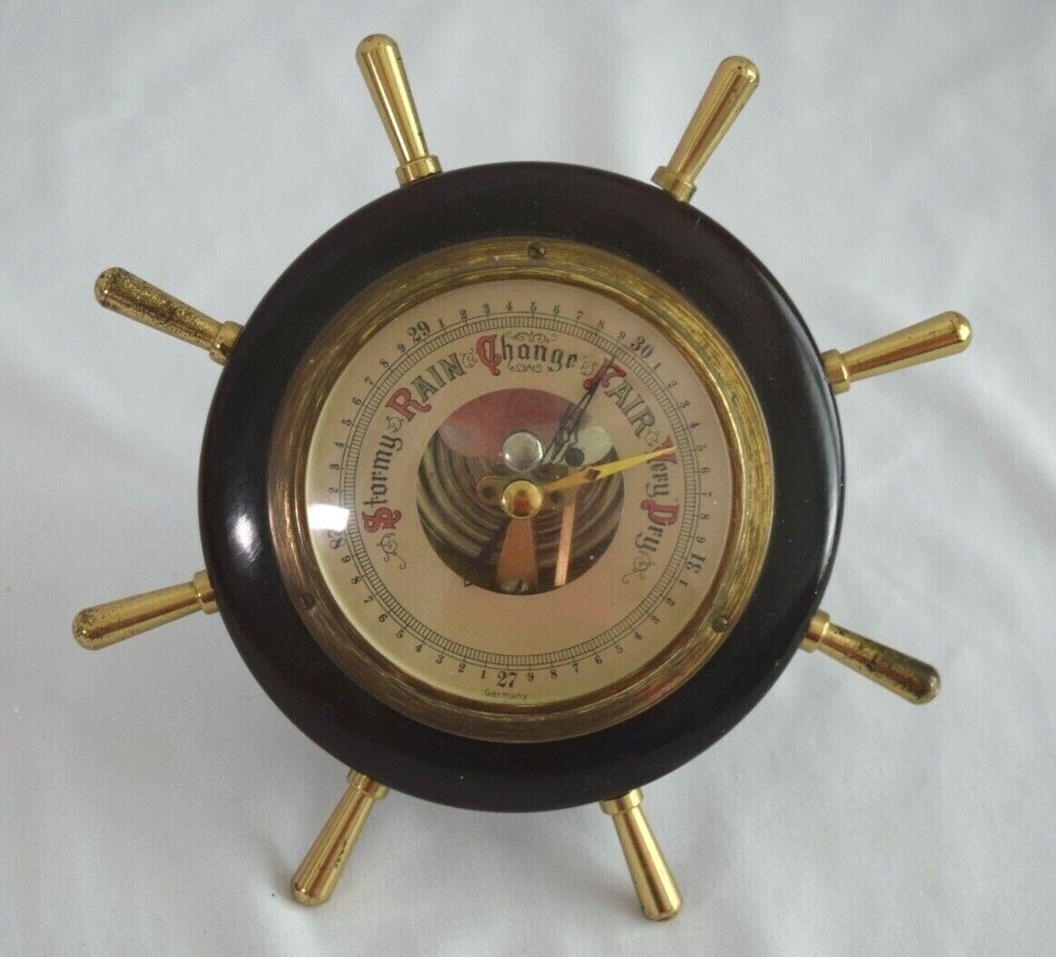 Vintage Rain Gauge Barometer Nautical Wheel Design Germany Wood Brass w/Easel