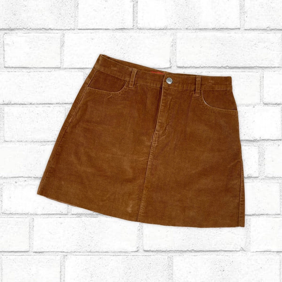 Golden Brown Corduroy Mini Skirt Raw Hem Front Back Pockets Size