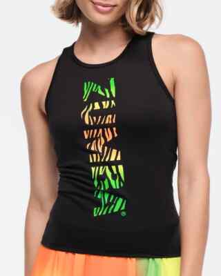 #ad Zumba Funscape Fitted High Neck Tank Top Black XS S M Free Ship $32.95