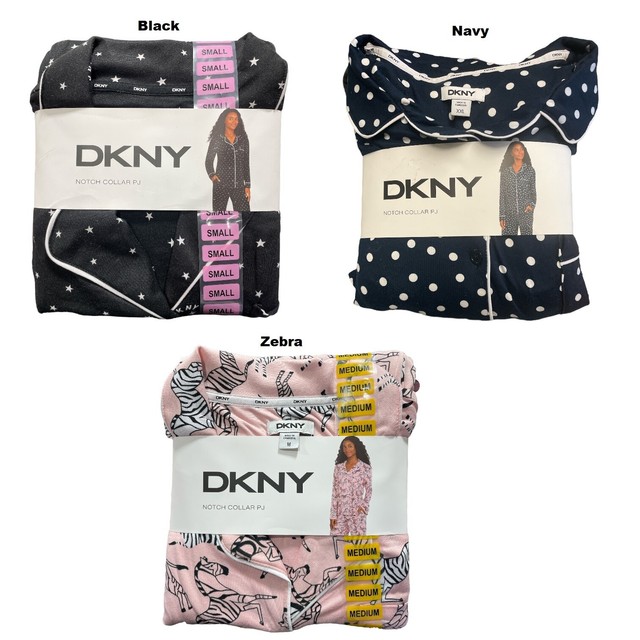 Womens DKNY 2 Piece Notch Collar PJ Set Navy Polka Dot Size L Pajamas