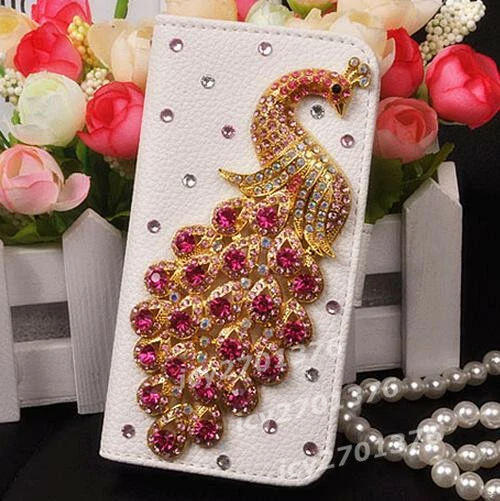 Girly Luxury Bling Diamonds Crystal Peacock Leather Flip Wallet Phone Cover Case - Image 4 of 4