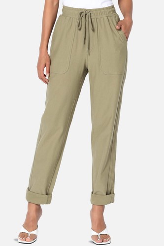TheMogan S~3X Drawstring High Waist Cuffed Hem Soft Stretch Cotton Twill Pants - Picture 11 of 44