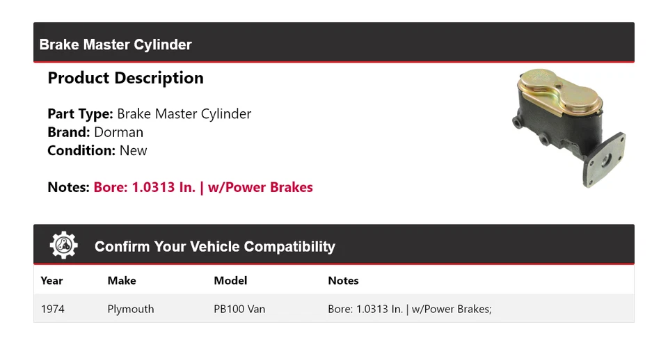 For 1974 Plymouth PB100 Van Dorman Brake Master Cylinder - Image 2 of 4