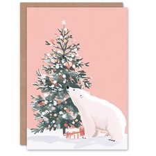 Polar Bear Decorates Tree Presents Winter Snow Festive Xmas Christmas Card