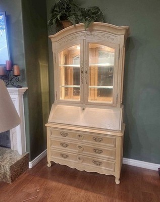 Century Furniture Vintage Secretary Desk Lighted Hutch Carved Solid Wood