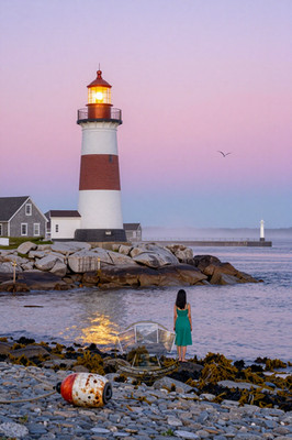 Coastal Lighthouse Rose Indigo Dusk Harbor Gold Beam Path 4X6 Fantasy Photo