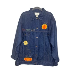 The Quacker Factory Scarecrow Embroidered Fall Harvest Denim Jacket size 1X