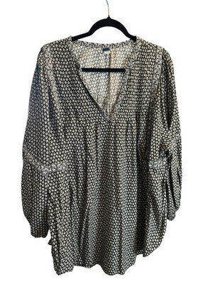 Old Navy Long Sleeve Top Blouse Black White Floral Boho Peasant V Neck Tunic 4X