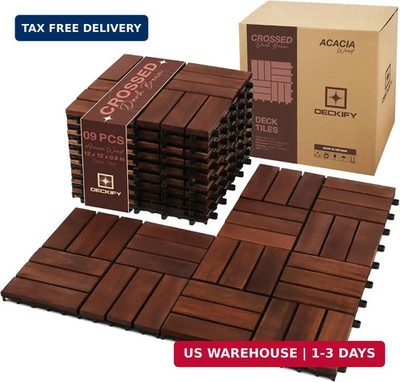 9Pcs Acacia Wood Interlocking Patio Deck Tiles, 12 x 12 x 0.9 Inch Outdoor Floor
