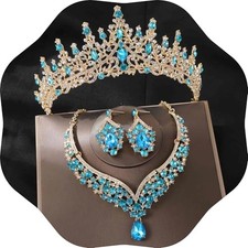 Tiaras and Crowns for Women,Tiaras Earrings Necklace, Crystal Golden lake blue