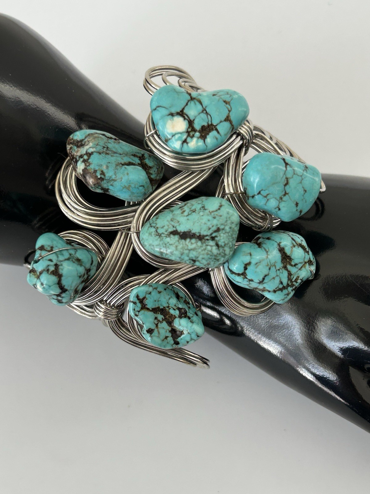 Statement Wire Cuff Bracelet Turquoise Nugget Sto… - image 1
