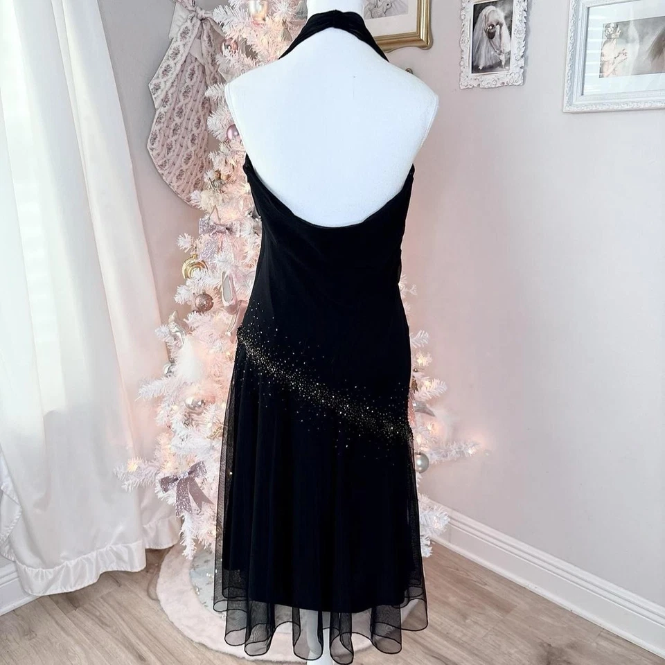 Vestido halter vintage años 2000 xscape negro y dorado con cuentas 100% seda Foto 3 de 4