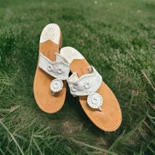 Jack Rogers Jacks Flat Sandal White  Thong Leather Whipstitch Women’s Sz 10 M US