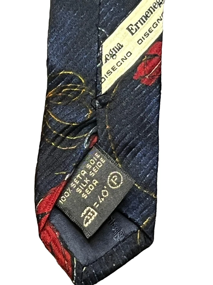 "Corbata contemporánea Ermenegildo Zegna para hombre azul, diseño de hoja roja seda 3,5" X 57""" Foto 4 de 4