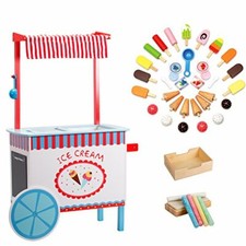 Ice Cream Cart Kids Playstand- Premium Wood 33 Piece Realistic Wooden Play Set