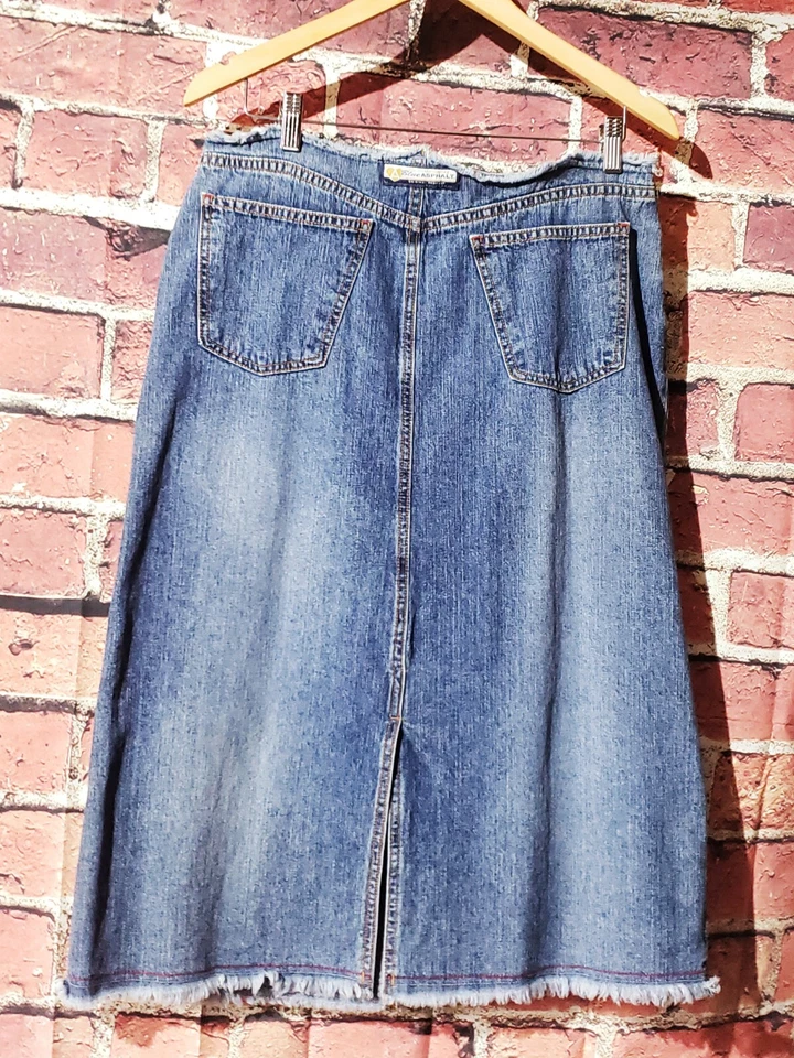 Falda vaquera vintage Y2K azul asfalto envejecida borde crudo flecos cintura dobladillo talla 13 Foto 4 de 4
