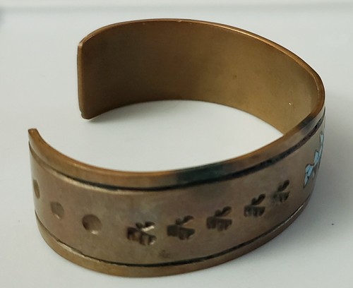 Bracciale Vintage C H Navajo CH Firmato Turchese e Corallo Intarsiato Rame 37gr - Foto 2 di 8