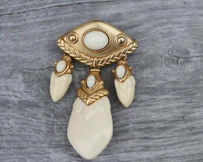 Vintage Oscar de la Renta Matte Gold Tone Molded Cream Ornate Bar Pin Brooch