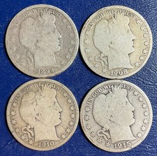 Set Lot 4 FOUR Barber Half Dollars 1899-P 1908-S 1910-P 1915-S silver Coins B352