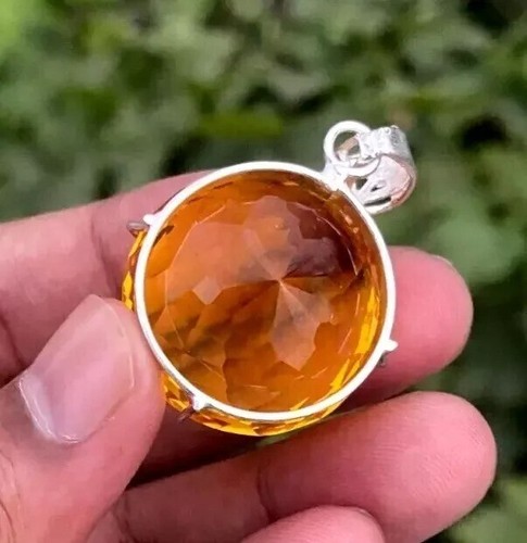 93.15 Ct Natural Yellow Citrine Round Cut 925 Solid Silver Pendant Gemstone - Bild 6 von 6