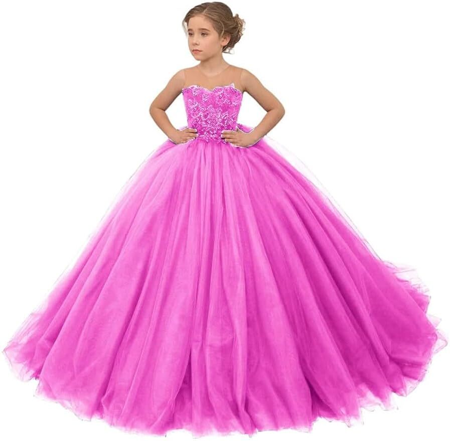 Tulle Flower Girl Dress for Wedding Beaded Sleeveless Applique Pageant Ball Gown